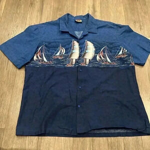 [XL]Vintage Hawaii Blues Sailing Boat Prints  Button Down Men S/S Shirt
